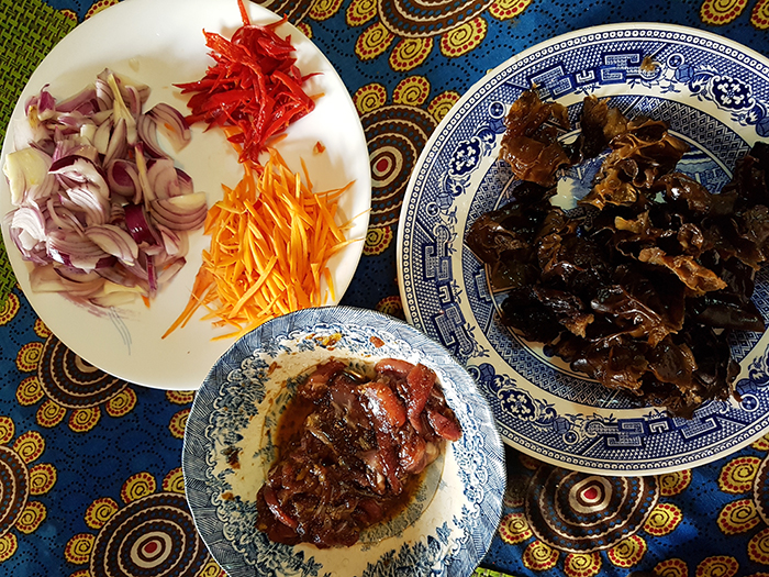 Japchae stir-fried glass noodles are made of healthy ingredients with lots of vegetables. 